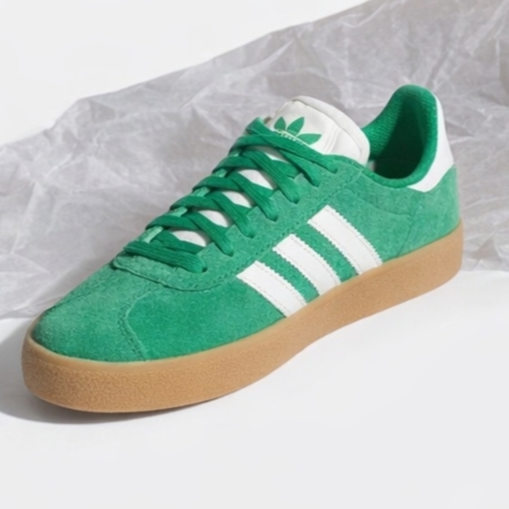 adidas VL Court 2.0 Green Suede Sneakers with White Stripes and Gum Sole